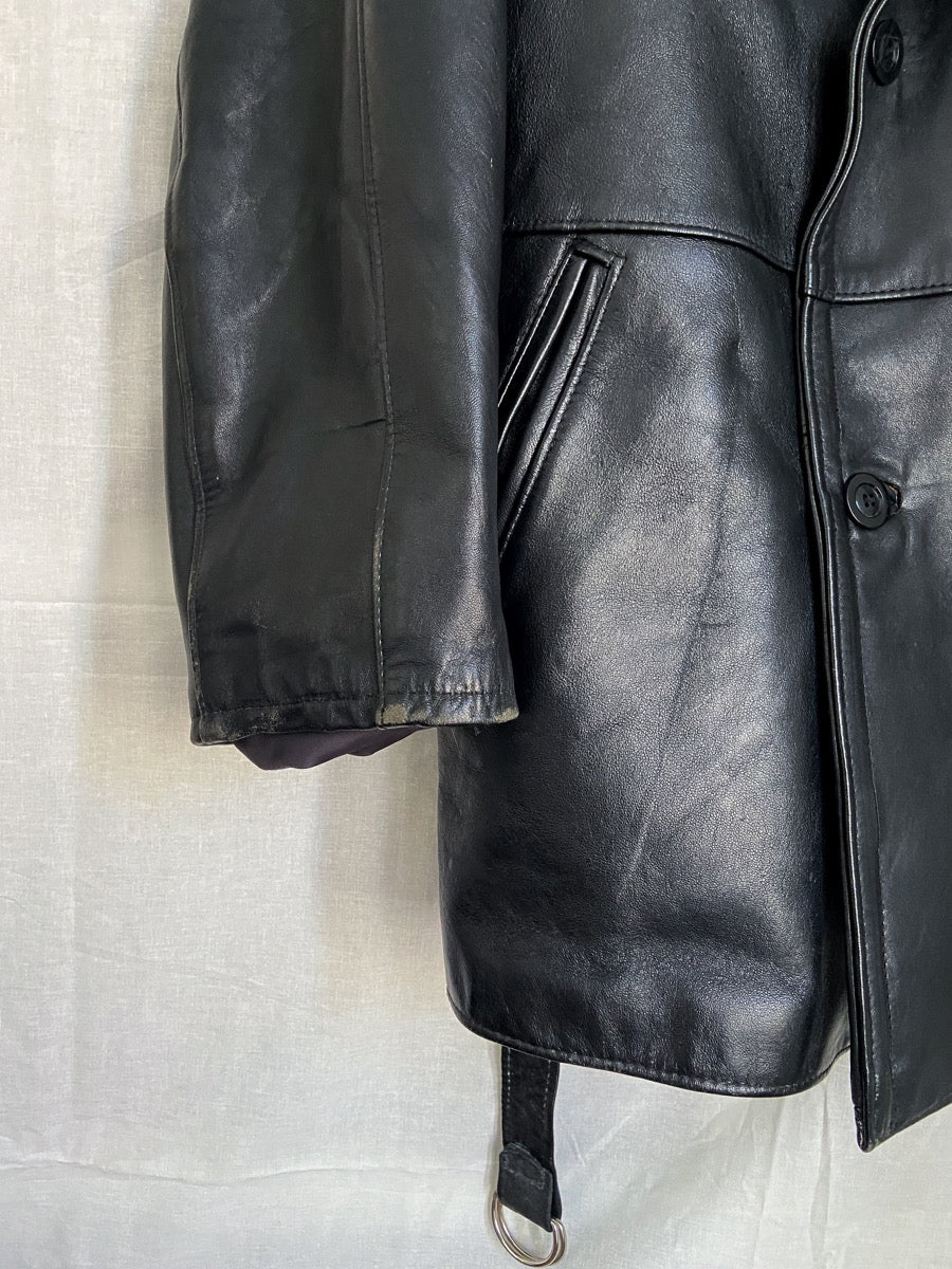 1960s French Fireman Black Leather Jacket, Size L/XL