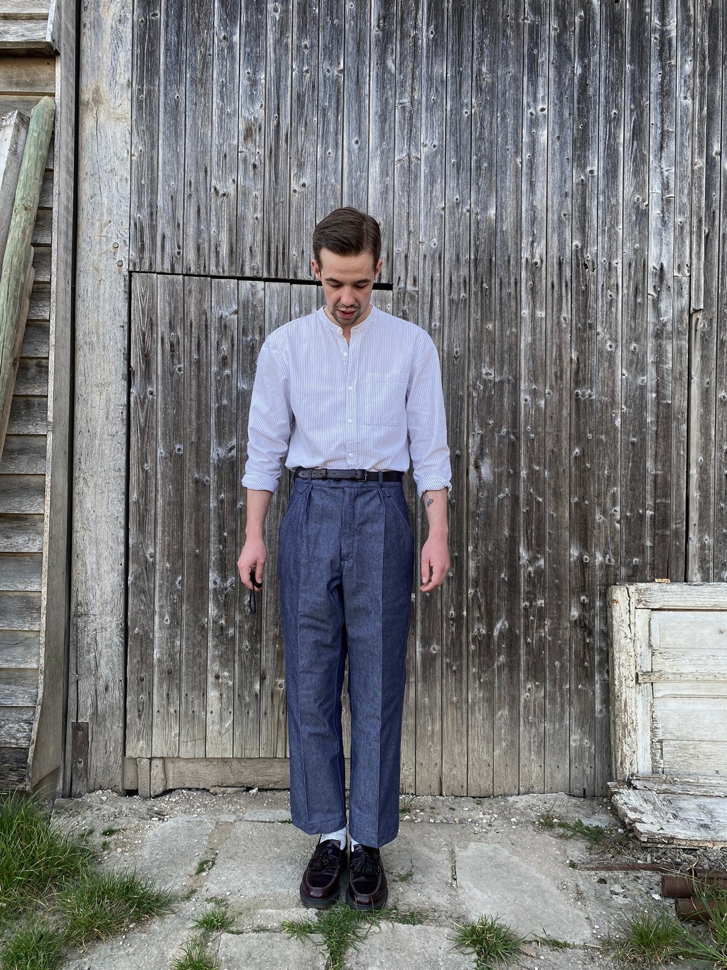 French Navy Denim Pleated pants, Deadstock, Size S to XL
