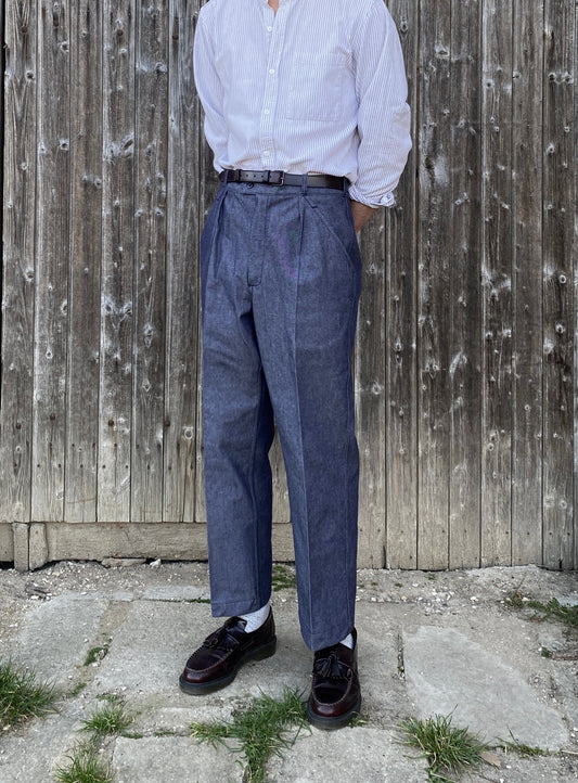 French Navy Denim Pleated pants, Deadstock, Size S to XL