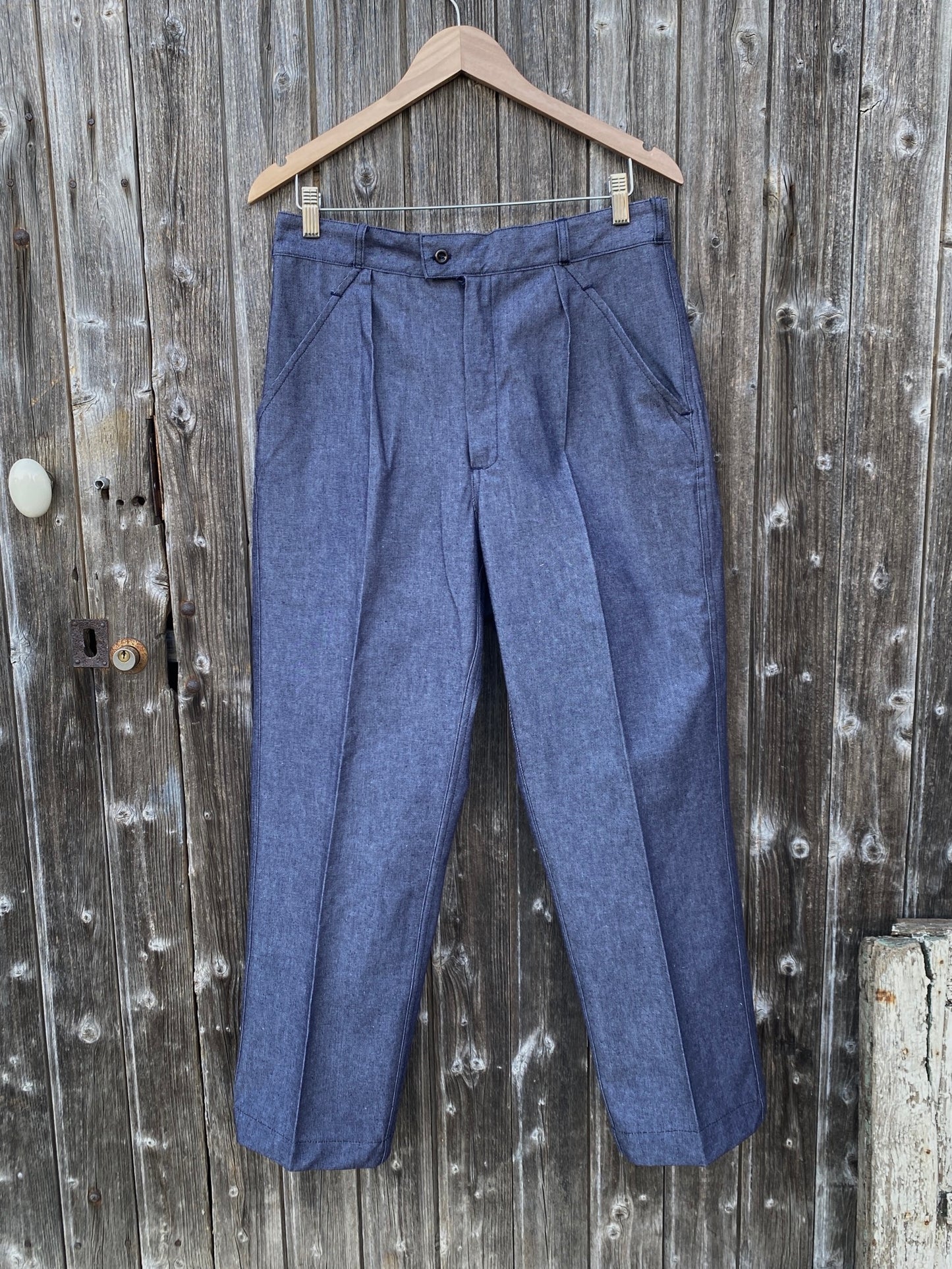 French Navy Denim Pleated pants, Deadstock, Size S to XL