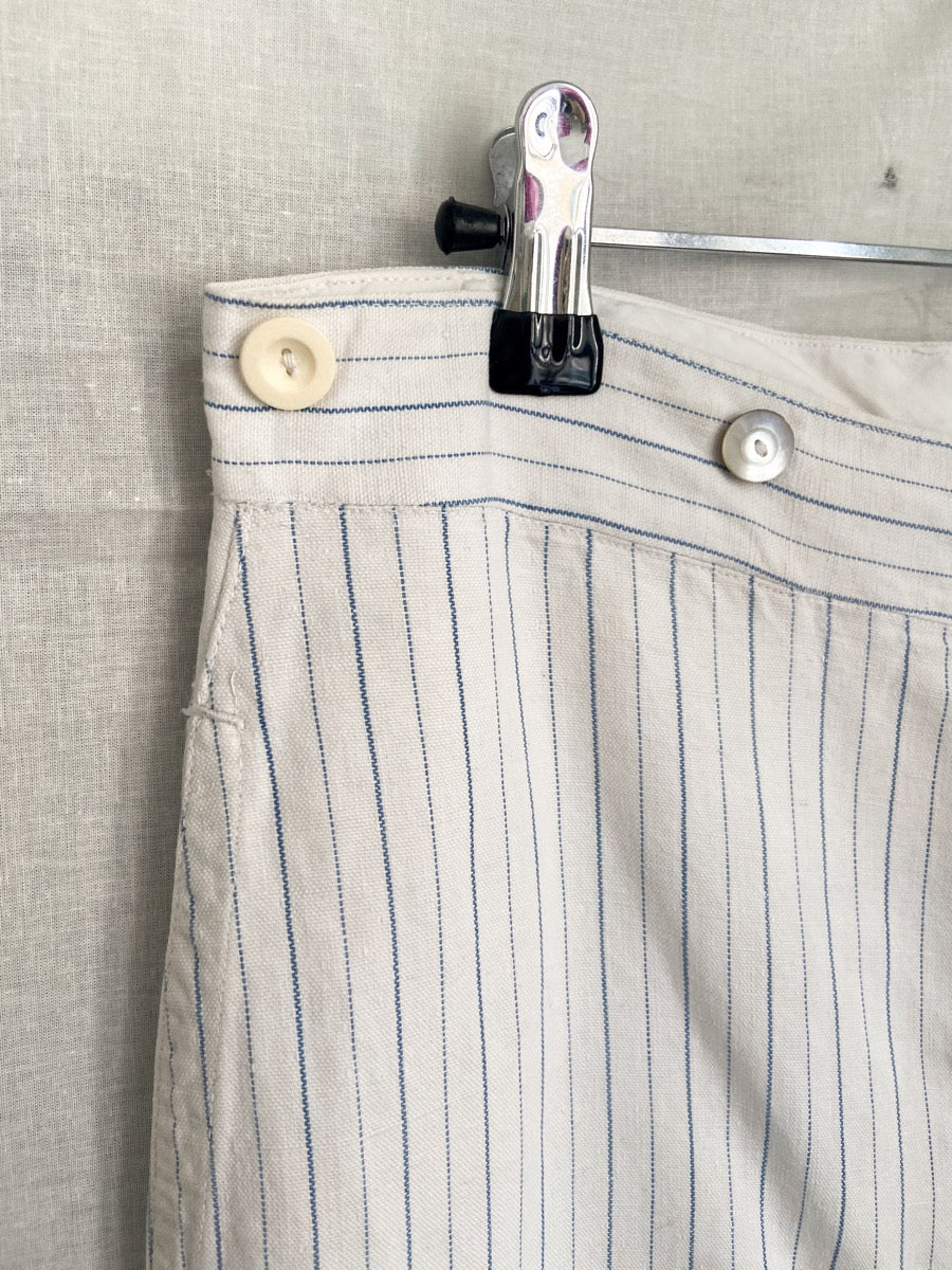 1940s Striped French Work Pants, Buckle Back, Size S