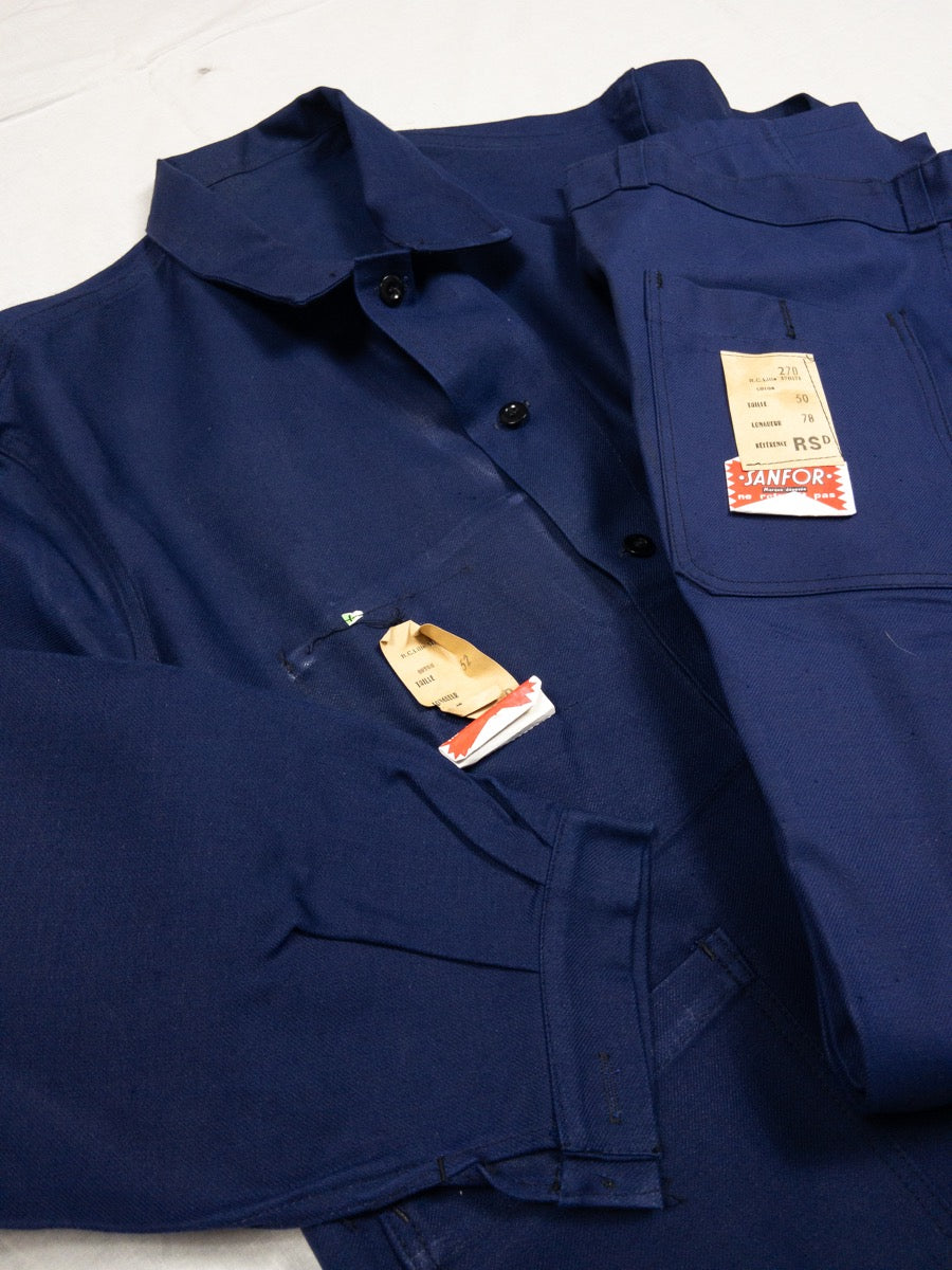 1960s French Blue « Le Mineur » Chore Suit, Jacket & Pants, Deadstock, Size XL