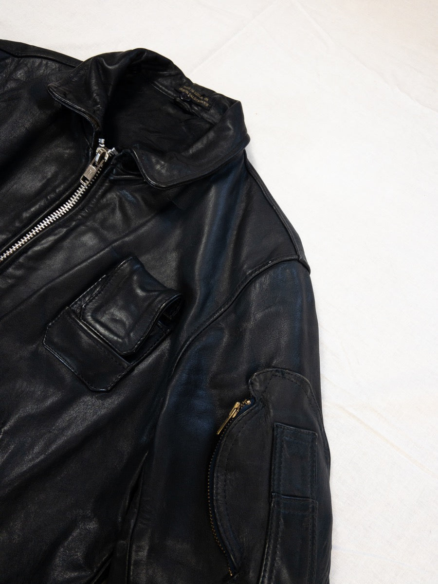 1980s Black Leather Bomber Jacket, Size S/M